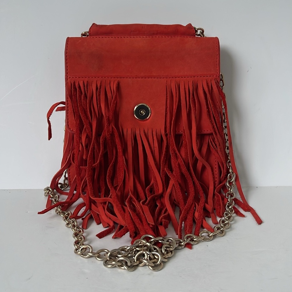 & Other Stories Orange Suede Fringe Crossbody Bag Boho Festival Purse Gold Chain - Picture 3 of 9